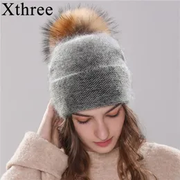 Beanie/Skull Caps Xthe Women's Hat Winter Beanie Sticked Hhat Angola Rabbit Päls Bonnet Girl's Hat Fall Female Cap med Fur Pom 231108