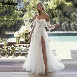 Sukienki imprezowe Soft Tul Lace Boho Suknia ślubna Rovab Long Seves Sukienka Bride 2021 High Slit Pats Beach Wedding Party Suknie Księżniczka 0408H23