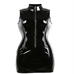 Minivestido gótico Punk de alta calidad con cuello alto sin mangas, Catsuit ajustado de PVC negro para mujer, Vestido brillante con cremallera y aspecto mojado Nig289T