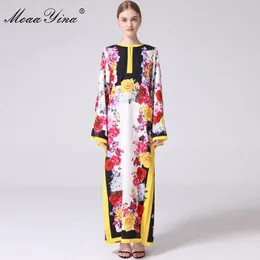 Casual Dresses MoaaYina Fashion Designer Runway Dress Spring Summer Women Flare Sleeve Floral-Print Loose Maxi