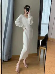 Casual Dresses Autumn Winter White Festival Party Long Dress Women V-neck Large Size Long-sleeved Warm Knit Sweater French