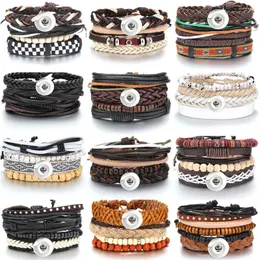 Charme Pulseiras Snap Pulseira Multinível Trançado Envoltório Para Homens Vintage Couro Fit 18mm Botão Pulseiras Étnicas