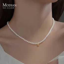 Pendant Necklaces MODIAN 925 Sterling Silver Elegant White Pearl Charm Necklace Shell Pearl Gold Beads Choker Necklace For Women Fine Jewelry 231108