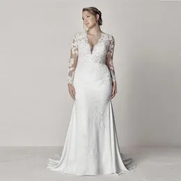 Plus Size Mermaid Wedding Dresses 2023 V Neck Covered Button Bridal Dress Lace Appliques Ribbon Belt Mariage