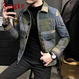 Zongke Woolen Plaid Bomber Jacket Japanese Streetwear Men Winter Coat