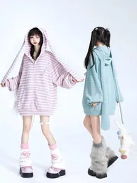 Women's Jackets Japanese Harajuku Striped Long Ears Hooded Knit Cardigan Jacket Women Sweet Cute Autumn Zipper Thin Sweater Loose Top