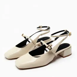 Sandalias de verano blancas Mary Janes con tacón para mujer, zapatos de tacón cuadrado con punta cuadrada, zapatos Slingbacj, tacones de cuero negro 230406