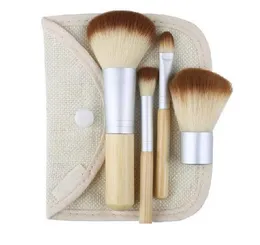 Set da 4 pezzi Kit pennelli per trucco in legno Bellissimi strumenti professionali per pennelli per trucco in bambù con custodia con cerniera e borsa con bottoni