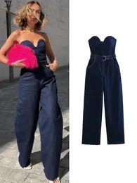 Kobiety Jumpsuits Rompers Traf 2023 Women Slim Denim z paskiem swobodny bez ramiączek talia wysoka na pełną długość 231108