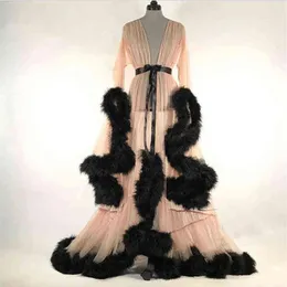 Kvinnors mode medeltida vintage semitransparent brudklänningar fjäder bröllop mantel tyll fantasi pälskant fairy outwear dre273l
