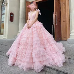 Pink V-Neck Shiny Quinceanera Dresses Ball Gown Scoop Tulle Puffy Ruffles Crystals Mexican Sweet 16 Dresses 15 Anos