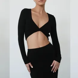 Kjolar Två stycken Set Outfits långärmad V Neck Crop Top och Midi Sexig kjol Spring Autumn Casual Streetwear Party Women