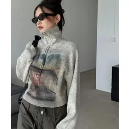 Женские свитера Deeptown, винтажный серый свитер с графическим рисунком, женский джемпер в стиле хиппи в стиле гранж, корейский стиль Kpop Harajuku, вязаный топ, женская уличная одежда 231108