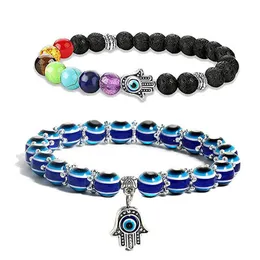 Charm Armband 2st Evil Blue Eye Beaded Charm Stretch Armband 7 Chakras Gemstone Lava Stone Hand Armband Drop Delivery DHGARDEN DHF0I