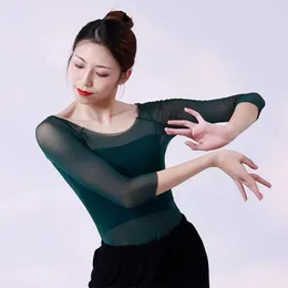 Bühnenkleidung, grünes elastisches Mesh-Spitze-Langarm-Klassik-Modern-Ballett-Tanz-Praxis-Trikot-T-Shirt, durchsichtiges Top-T-Shirt