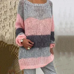 Swetry damskie o długim rękawie, zimny dzianinowy sweter w paski Patchwork Poste Hollow Crochet Women Bandbed Edge Elastyczny swobodny