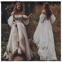 파티 드레스 Boho Off The Shoulder Princess Wedding Dress Appiqued Fuff Seves 신부 드레스 신부 가운을위한 A- 라인 등이 2021 0408h23
