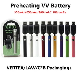 Bateria Vertex LAW Vape 350mAh 650mAh 900mAh 1100mAh Baterias de caneta 510 Thread Pré-aquecimento Tensão ajustável Ajuste vários cartuchos de óleo grosso Atomizador 9 cores