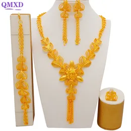Earrings Necklace Trendy Nigerian Dubai Gold Color Jewelry Set For Women Tassel Long Chain Bridal Long Necklace Bracelet Earring Ring Wedding Sets 230408