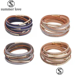 Chain Casual Women Mtiple Layers Leather Bracelet Crystal Metal Tube Wrap Cuff Bangle With Magnetic Clasp For Dhj5O