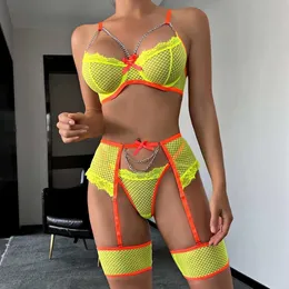 Traje sexy corrente de lingerie divertida, sexy e confortável, contraste de cores versátil conjunto básico de quatro peças