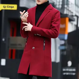 Men's Jackets Burgundy Tweed Windbreaker Jacket Men's Winter Thick Long Coats Black Gray Men's Fashion Slim Trench Overcoatzln231108