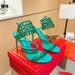 Rene Caovilla Crystal Sandal Designer na wysokim obcasie Wróżki Wróżki luksusowy diament Serpentyn owinięty rzymski sztylet 10 cm Summer Bankietowe buty