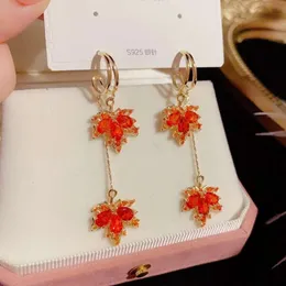 Tiktok Net Same Full Diamond Red Maple Leaf Tassel for Female High Level Super Fairy Slim Sier Needle Earrings