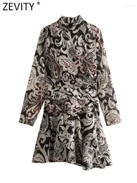 Robes décontractées Zevity 2023 Femmes Vintage Paisley Floral Imprimer Plissé Hem Volants Mini Robe Bureau Lady Chic Manches Longues Slim Robes