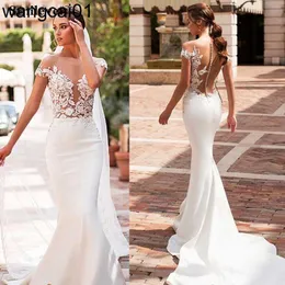 Festklänningar Smiven Mermaid Wedding Dress 2020 Satin Cap Seve Vestido de Noiva Lace Bohian Bride Dresses With Romantic Buttons 0408H23