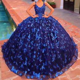 Azul marinho brilhante quinceanera vestidos de baile alças espaguete apliques arco frisado mexicano doce 16 vestidos 15 anos