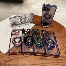 Luxury Clear Plating Ring Stand Holder Armor Magnetic For Magsafe Wireless Charging Cases With Lens Glass Film Protector Cover For iPhone 15 14 13 12 11 Pro Max Plus