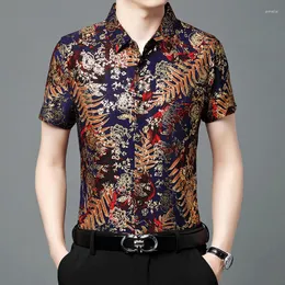 メンズカジュアルシャツ青銅色の葉3Dプリンティングシルキーラグジュアリー半袖男性シャツ夏の品質滑らかな快適な弾力