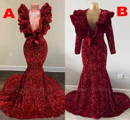 Sparkle Dark Red Pailletten Mermaid Prom Kleider Puffy Sleeves Sexy Tiefer V-Ausschnitt Mädchen Abschlussfeier Kleider BC15476