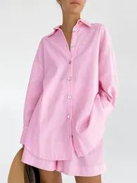 Damen-Nachtwäsche Linad locker sitzende Damen-Hausbekleidung 2-teiliges Set aus rosa langärmligem Damen-Casual-Set mit Shorts einfarbig für den Frühling 230408