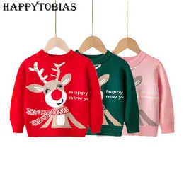 Kazak Happytobias Children's Christmas Sweater Elk Baskı Örgü Sıcak O Boyun Kazak Çocuk Sweaters 231108