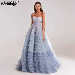 Festklänningar Sevintage Blue Prom-klänningar Tiered Ruffs Tul Pat Ruched A-Line Backss Saudi Arabic Women Party Evening Gowns 2022 0408H23