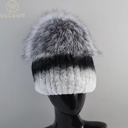 Beanie/Skull Caps Good Elastic Natural Fluffy Silver Fox Fur Hat Winter Women Knitted Real Rex Rabbit Fur Hats Lady Real Fur Cap Wholesale 231108