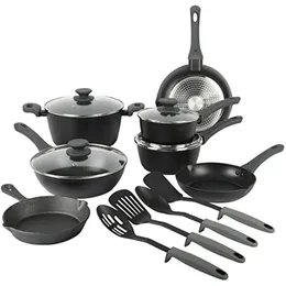 Gibson Soho Lounge Nonstick Forged Aluminum Induction Pots and Pans Cookware Set W Cast Iron Skillet 15 Piece Set Black