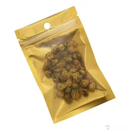 8x13cm Top Gold Zip Lock Plastic Påsar Återförslutningsbar matt/klar torkad mat godis luktbeständig förvaring blixtlåsväska med hänghål 100 st/parti