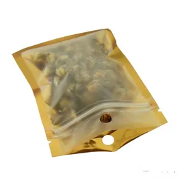 8x13 cm kvalitet guld zip -lås plastpåsar återförslutningsbar matt/klar torkad mat godis luktsäker förvaring blixtlåsväska med hänghål 100 st/parti
