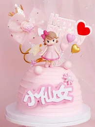 Party Supplies Cake Decoration Happy Birthday Toppers Baby Shower Baking Pink Castle Princess Theme Skirt Bow Girl Ornaments