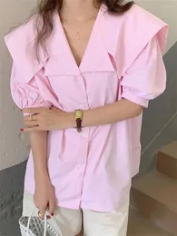 Kvinnors blusar Hzirip Pink Shirts Stylish Lapel Women Plaid Chic High Street Loose 2023 Ol Slim All Match Casual Summer Tops