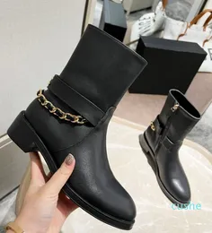 Botas de diseñador Botas planas con tacón de bloque Correa de cuero blanca y negra Tamaños de caja 35-41