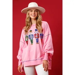 Women Hoodies Sweatshirts Christmas Pink Nutcracker Sweatshirt Nya paljetter tvättade mångsidig besättning hals topp tröja kläder kvinnor