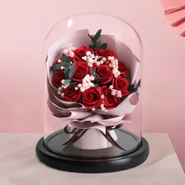 زهور الزخرفة الزخرفية الججر الاصطناعية الوردة ساحرة في قبة زجاجية مع أضواء LED هدايا ديكور المنزل الرومانسية لحفل الزفاف