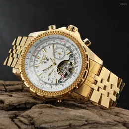 Armbandsur gyllene rostfritt stål tourbillion design kalender display vita dial mäns lyx automatisk självvind mekanisk armbandsur