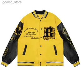 Giacche da uomo Bomber fiammato Giacca americana vintage patchwork in pelle lettera ricamo giacca a vento oversize streetwear 2023 giacche donna Q231109