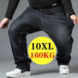 Mäns jeans i stor storlek svart elastiskt band 10xl hög midja lös byxa make plus fet blå manlig denim byxor