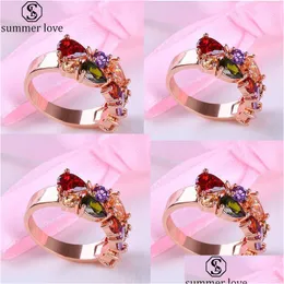 Pierścienie opaski Colorf Cubic Crirconia Rose Gold Plasted Pierścień obietnicy dla dziewcząt Kobiet Rozmiar 6 do 9 jako rocznica ślubu Biżuteria Drop dhtpm